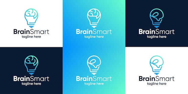 Verzameling van hersenlogo-ontwerp met gloeilamp grafisch ontwerp vector Smart brain-symbool