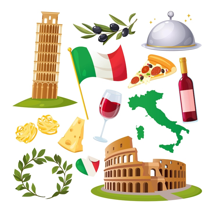 Vector verzameling van italiaanse elementen met architectonische monumenten gerechten en dranken nationale vlag enz.