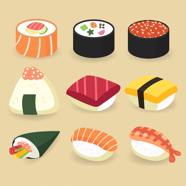 Verzameling van Japanse traditie voedingsmiddelenverzameling: sushi, sashimi, temaki en roll