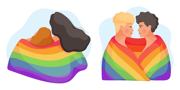 Vector verzameling van jonge koppels knuffelen met regenboogvlag. concept van gelijke rechten voor de lgbt-gemeenschap. illustratie.