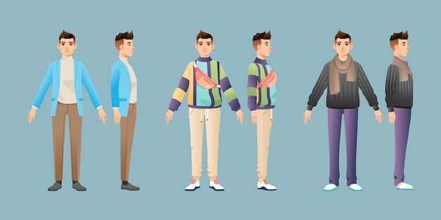 Verzameling van jonge man in verschillende modieuze stijl kleding staande set voorkant zakelijke kantoor casual Vector illustratie karakter geïsoleerd