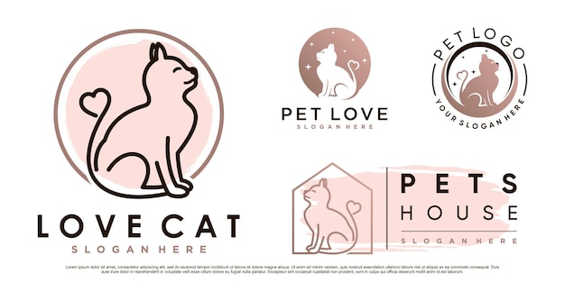 Verzameling van kattendieren logo-ontwerp met liefdeselement en creatief concept Premium Vector