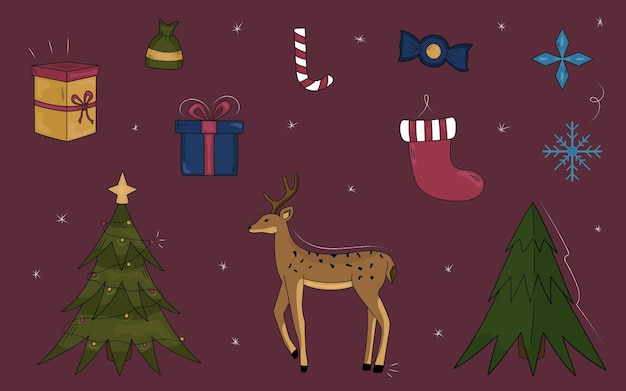 Verzameling van kerst doodles. Verzameling van vector kerstbomen, herten, geschenken, snoepjes, sneeuwvlokken