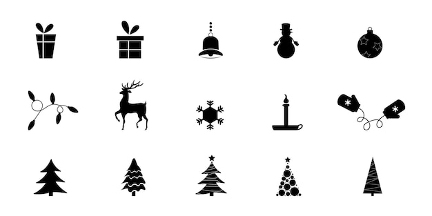 Verzameling van kerstillustraties Contouren en silhouetten Kerstboom sneeuwpop slinger hert