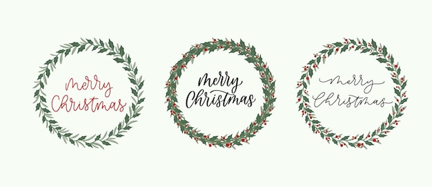 Verzameling van kerstkransen en belettering typografische groeten voor prettige kerstdagen en wintervakanties