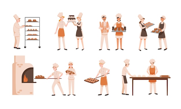 Vector verzameling van lachende mannen en vrouwen die brood bakken en gebak maken geïsoleerd op een witte achtergrond. bundel van mannelijke en vrouwelijke bakkers en banketbakkers. platte cartoon kleurrijke vectorillustratie
