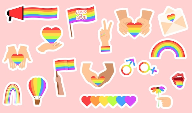 Verzameling van lbgtq-stickers set illustraties regenboog trots symbolen lgbt-rechten symbool geïsoleerd