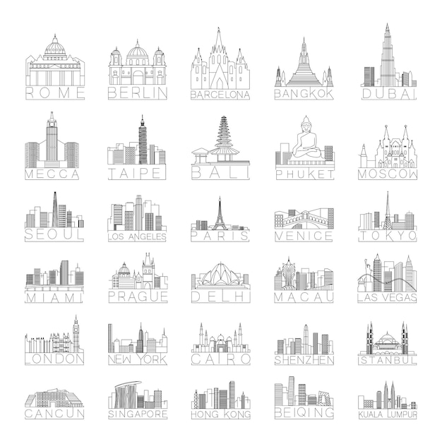 Verzameling van lineaire stadsskylines van verschillende landen.