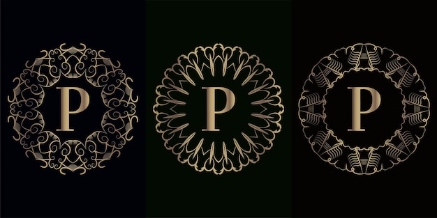 Verzameling van logo eerste p met luxe mandala ornament frame