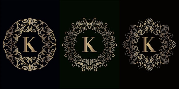 Verzameling van logo-initiaal k met luxe mandala-ornamentframe