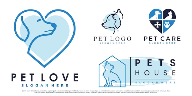 Verzameling van logo-ontwerp voor huisdieren voor dierenwinkel of kliniek met creatief element Premium Vector