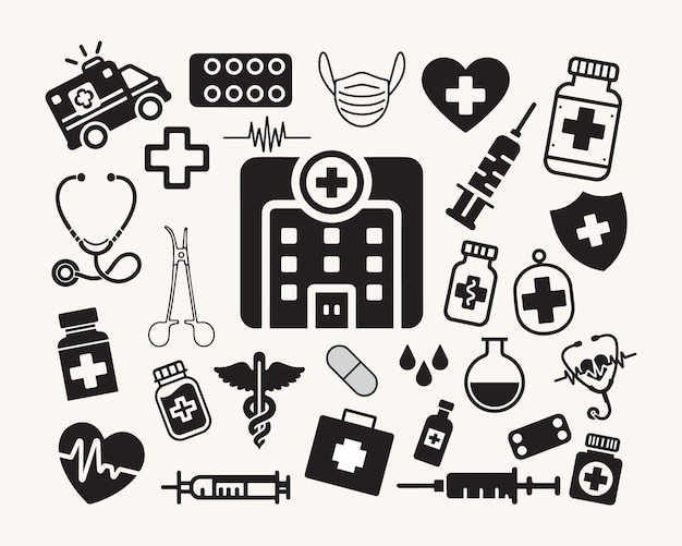 Verzameling van medische benodigdheden, waaronder een medisch apparaat, een kruis en een medische stethoscoop