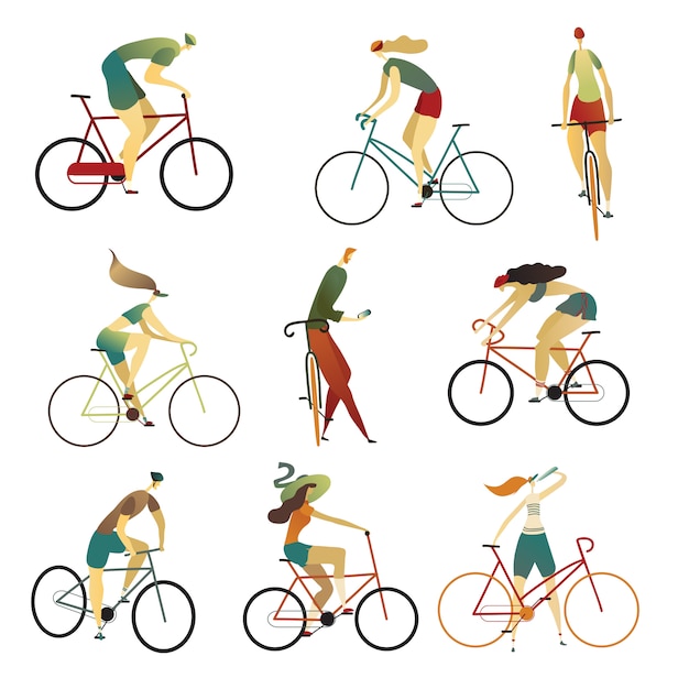 Verzameling van mensen die fietsen van verschillende typen rijden. set cartoon mannen en vrouwen op fietsen. illustratie.