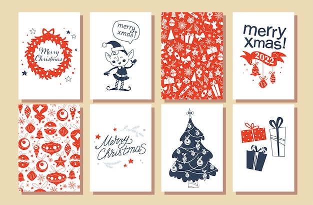 Verzameling van Merry Christmas felicitatiekaarten met elfkarakter, kerstboom, patroon, tekstgroet. Platte vectorillustratie. Voor tags, banners, prints, verpakkingen, uitnodigingen.