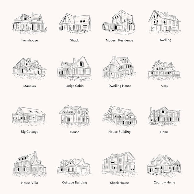 Verzameling van met de hand getekende illustraties van woongebouwen