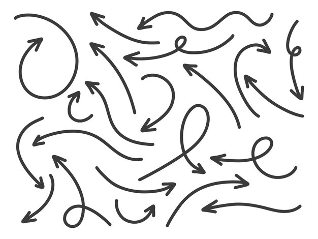 Verzameling van met de hand getekende pijlen Stel eenvoudige platte pijlen op een witte achtergrond op.