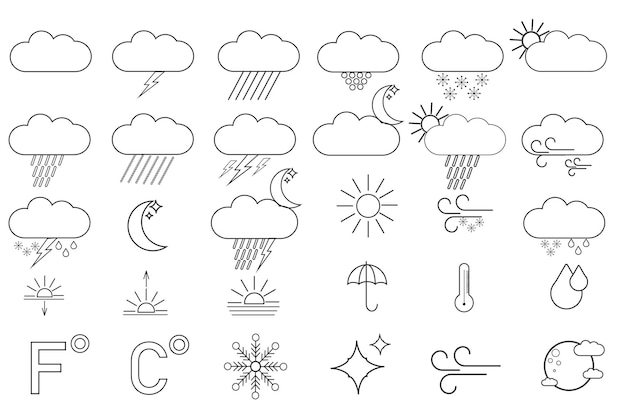 Verzameling van meteorologische iconen of symbolen voor weersvoorspelling zon wolken wind regen sneeuw