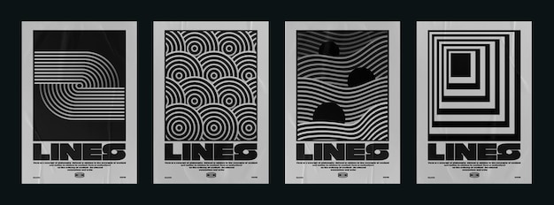 Verzameling van moderne abstracte posters met optische lijnen techno-stijl psychedelisch ontwerp