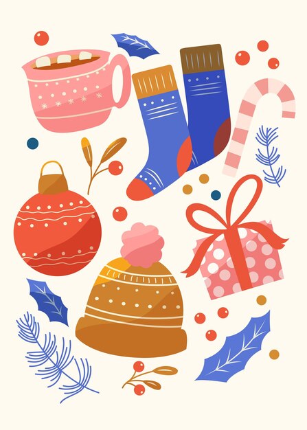 Verzameling van nieuwjaar en kerstelementen Traditionele wintervakantie decoratie kleding geschenken Kleurrijke vectorillustratie