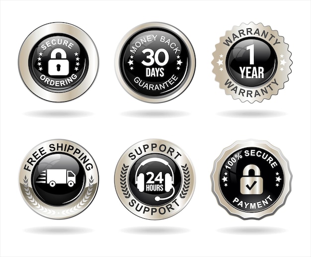 Verzameling van online winkelen e-commerce verschillende soorten belangrijke zilveren badges geïsoleerd op wit