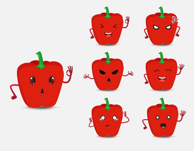 Verzameling van paprika's stripfiguurpictogram Gelukkig boos en verdrietig verschillende uitdrukking van paprika's