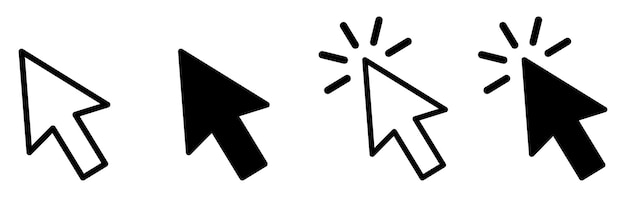 Verzameling van pijlcursor-iconen in omtrek- en vaste stijlen met klik-effect Pijlcorsor klik-iconen set geïsoleerde vectorillustratie