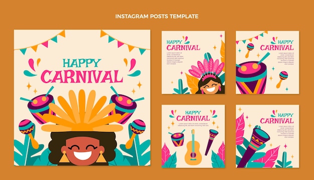 Verzameling van platte carnaval instagram-berichten