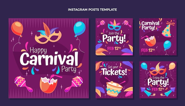 Verzameling van platte carnaval instagram-berichten