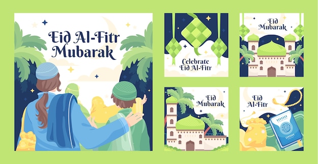 Vector verzameling van platte eid al-fitr instagram-berichten