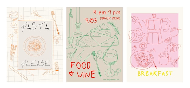 Verzameling van posters voor eten en drinken. Interieur posters. Kookposters. Uitnodigingsposter