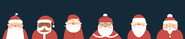 Verzameling van Santa Claus Characters verschillende gezichten met baard en hoed plat pictogrammen Santa Claus stripfiguren Kerst illustratie iconen set