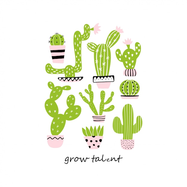 Verzameling van schattige cactussen. Laat talent groeien