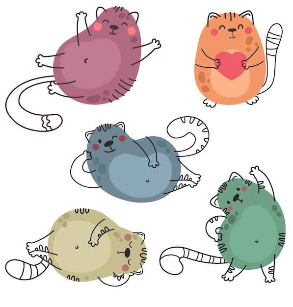 Verzameling van schattige katten in doodle-stijl kinderkarakters van schattige dieren