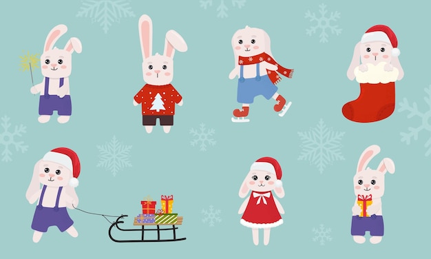Verzameling van schattige kerstkonijntjes geïsoleerd op blauwe achtergrond Bunny in verschillende poses Winter stripfiguren Prettige kerstdagen en gelukkig nieuwjaar Vlakke stijl