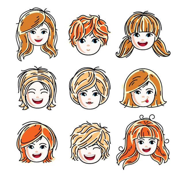 Verzameling van schattige lachende meisjes gezichten die positieve emoties uitdrukken, vectorillustraties van het menselijk hoofd. Reeks roodharige en blonde tienermeisjes met mooie gezichtseigenschappen, clipart.