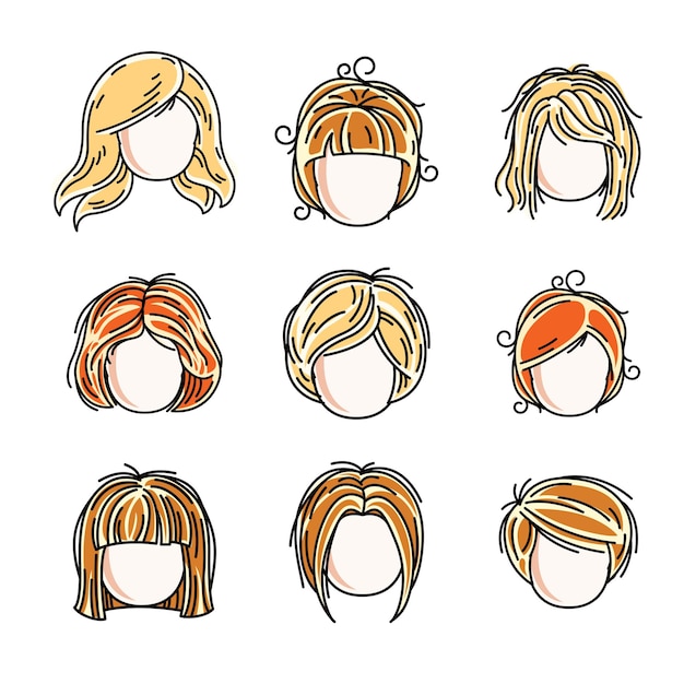 Verzameling van schattige meisjes gezichten, menselijk hoofd platte vectorillustraties. Set van roodharige en blonde tienermeisjes, kleine schoolmeisjes avatars clipart.