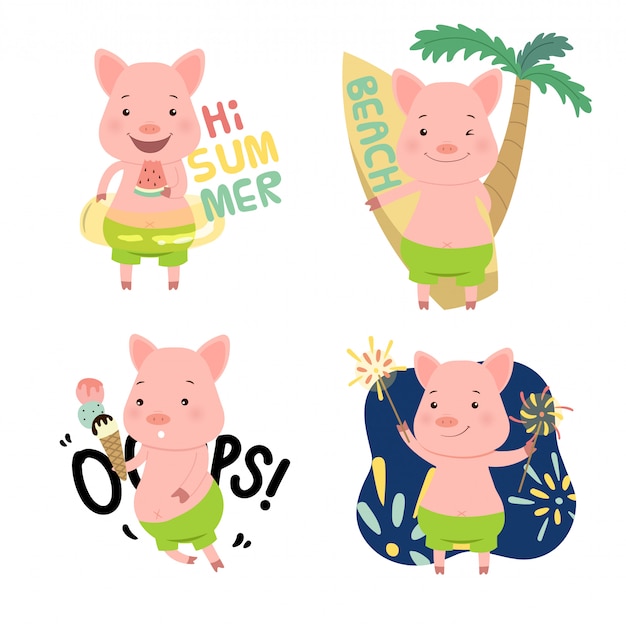 Verzameling van schattige piggy sticker zomer thema. plat geïsoleerd op wit