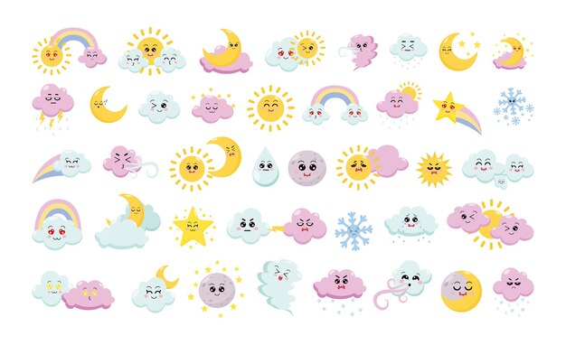 Verzameling van schattige weer personages Kinderlijke illustraties met wolken zon en maan