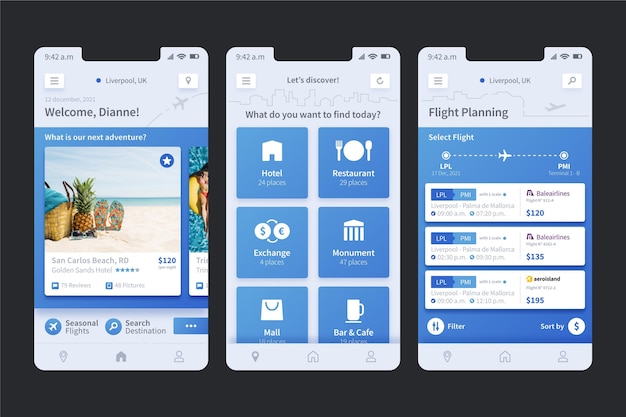 Verzameling van schermen voor app voor het boeken van reizen