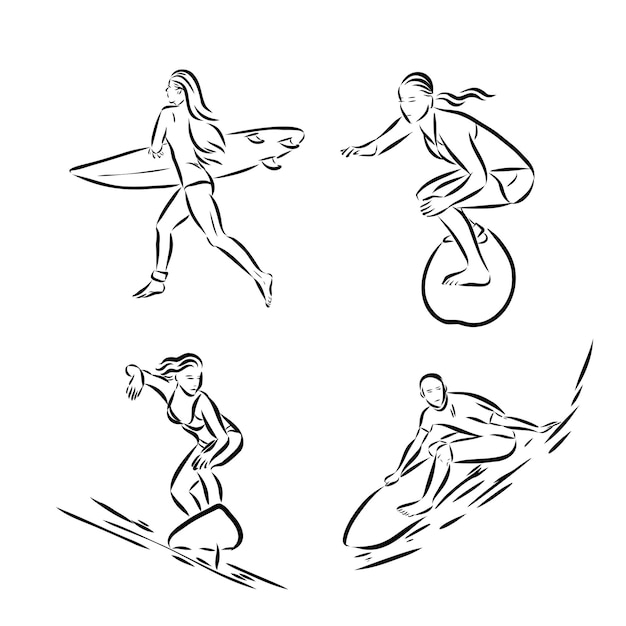 Verzameling van schetsen van de surfers met de hand getekende vectorillustratie