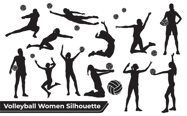 Verzameling van silhouetten van volleybalspelersvrouwen in verschillende poses