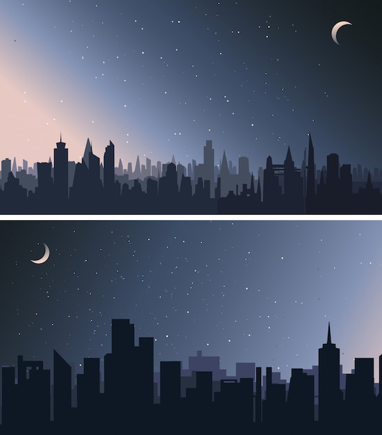 Vector verzameling van stedelijke landschappen. steden in de nacht.