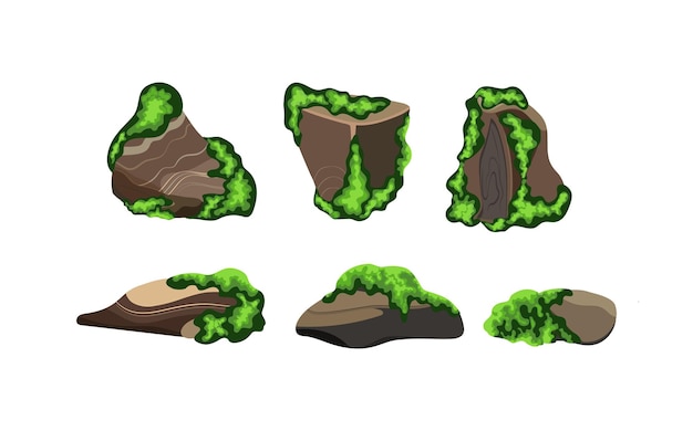 Verzameling van stenen van verschillende vormen en moo'sKustkeienkeiengrindmineralen en geologische formatiesStenenfragmentenkeien en bouwmateriaal