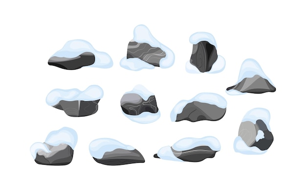 Verzameling van stenen van verschillende vormen en plantenKustkeienkeiengrindmineralen en geologische formatiesRotsfragmentenkeien en bouwmateriaalVector illustratie