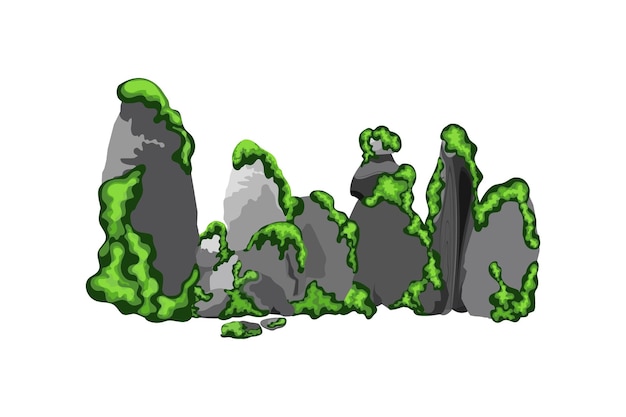 Verzameling van stenen van verschillende vormen met groen moskustkiezelskeiengrindmineralen en geologische formaties met groen korstmosrotsfragmentenkeien en bouwmateriaal