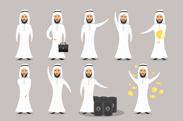 Verzameling van stripfiguur arabische zakenman op de grijze achtergrond.