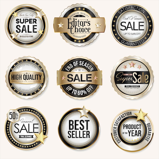 Verzameling van superverkoop en klanttevredenheidsgarantie gegarandeerde gouden en zwarte badges