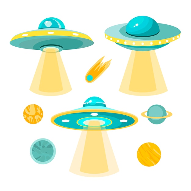 Verzameling van UFO's en planeten illustratie