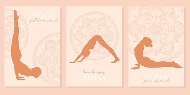 Vector verzameling van vector ansichtkaarten een jong mooi meisje beoefent yoga, mediteert. beige mandala.