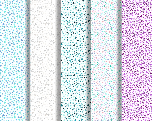 Verzameling van vector naadloze patronen van pastelblauwe turquoise paarse driehoeken
